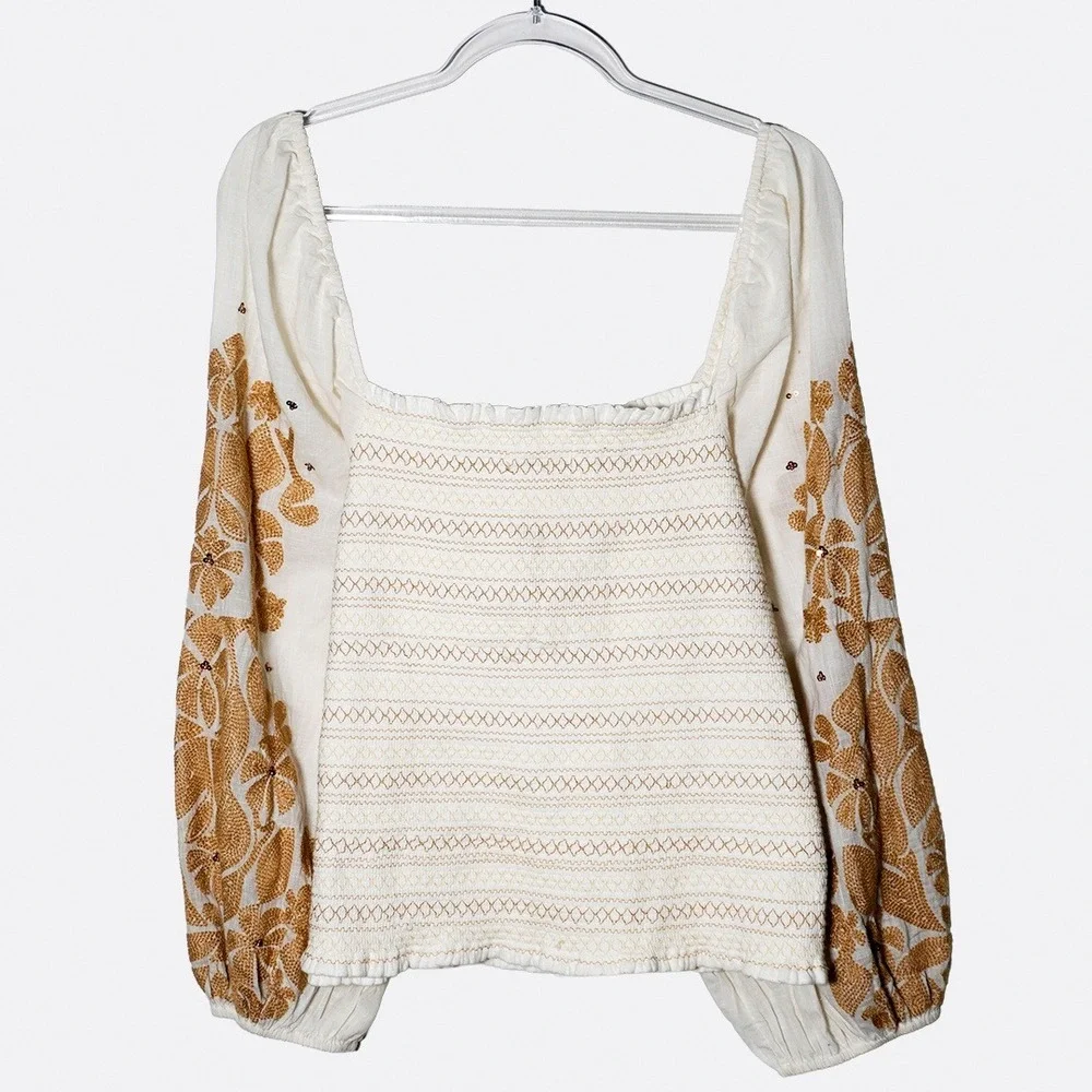 Anthropologie Boho Luxe Smocked Blouse Tan Embroidery Plus Size 1X XL‎ Romantic